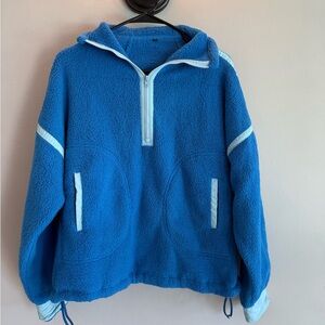 Blue Sherpa Fleece Quarter Zip Pullover Sweatshirt with Contrast Trim Small